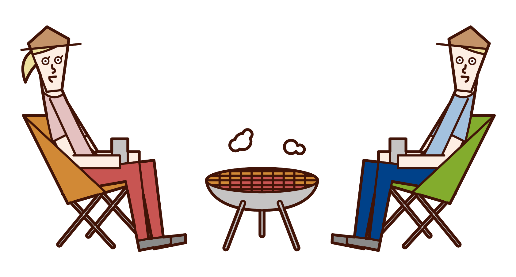 Illustration of a couple having a bonfire at a camp