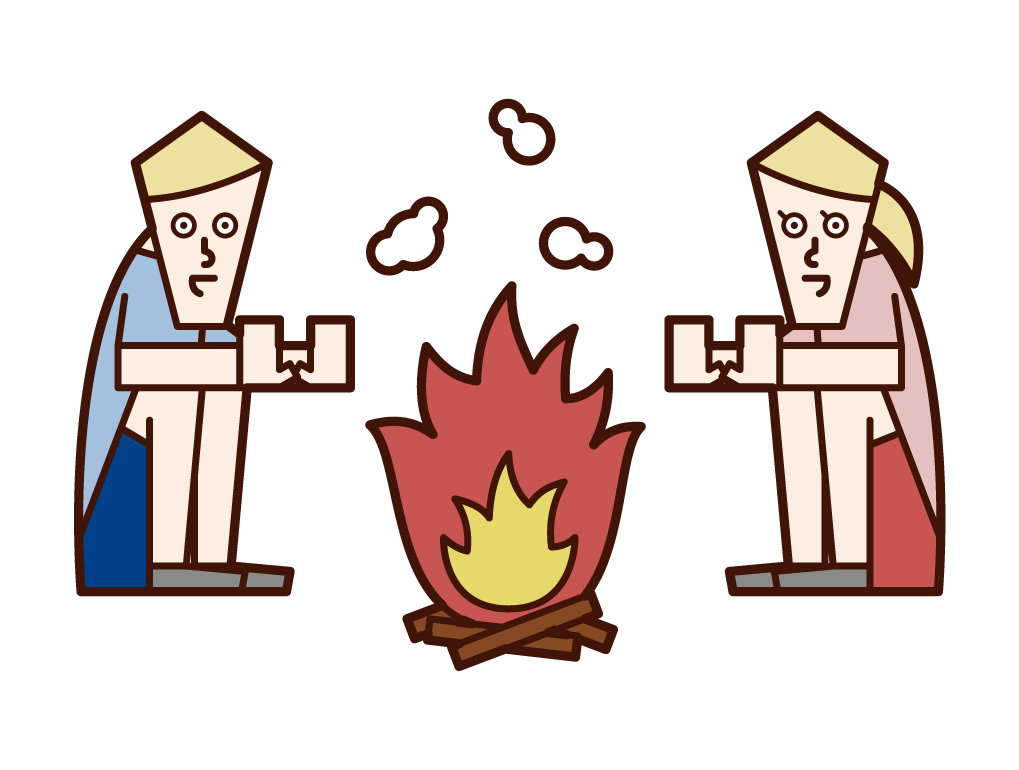 Illustration of a couple making a bonfire