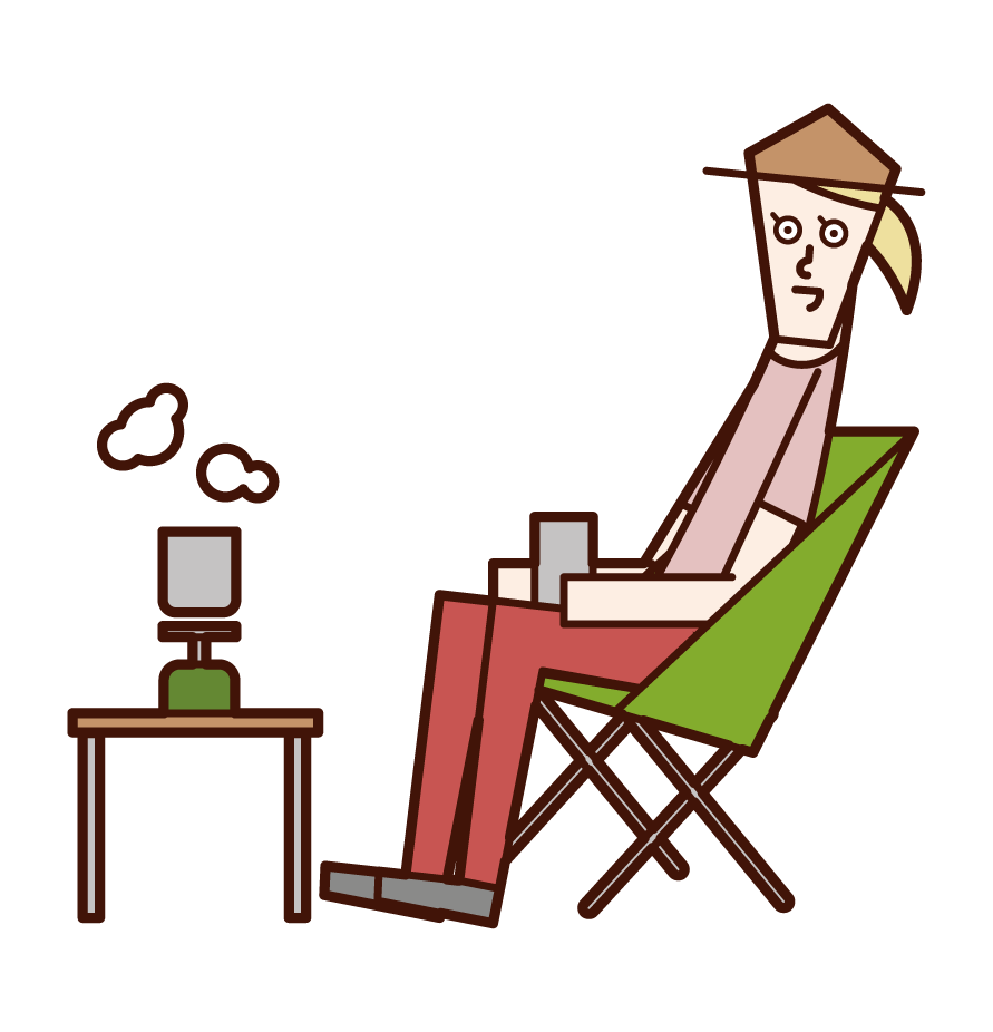 Illustration of a woman drinking coffee in camp