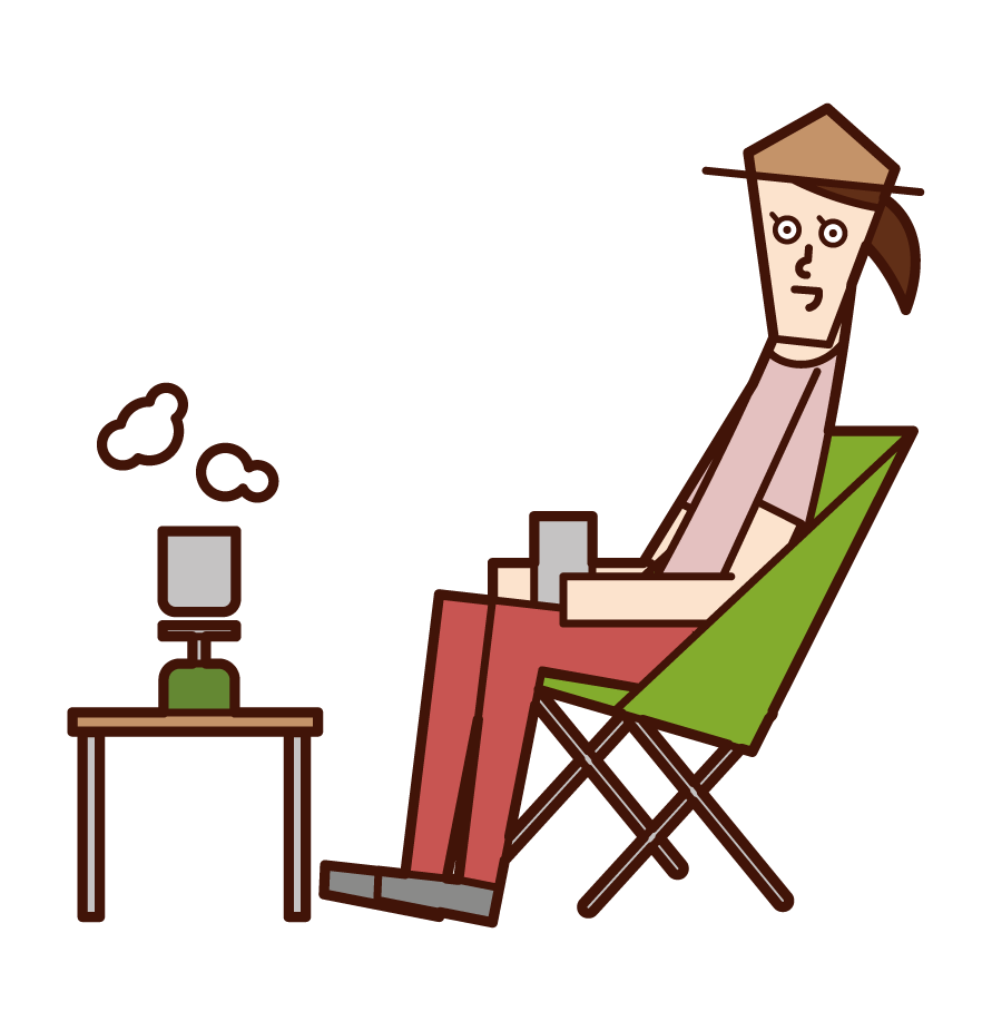 Illustration of a woman drinking coffee in camp