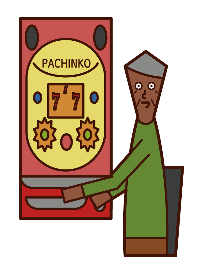 Illustration of a person (grandfather) who enjoys pachinko gambling