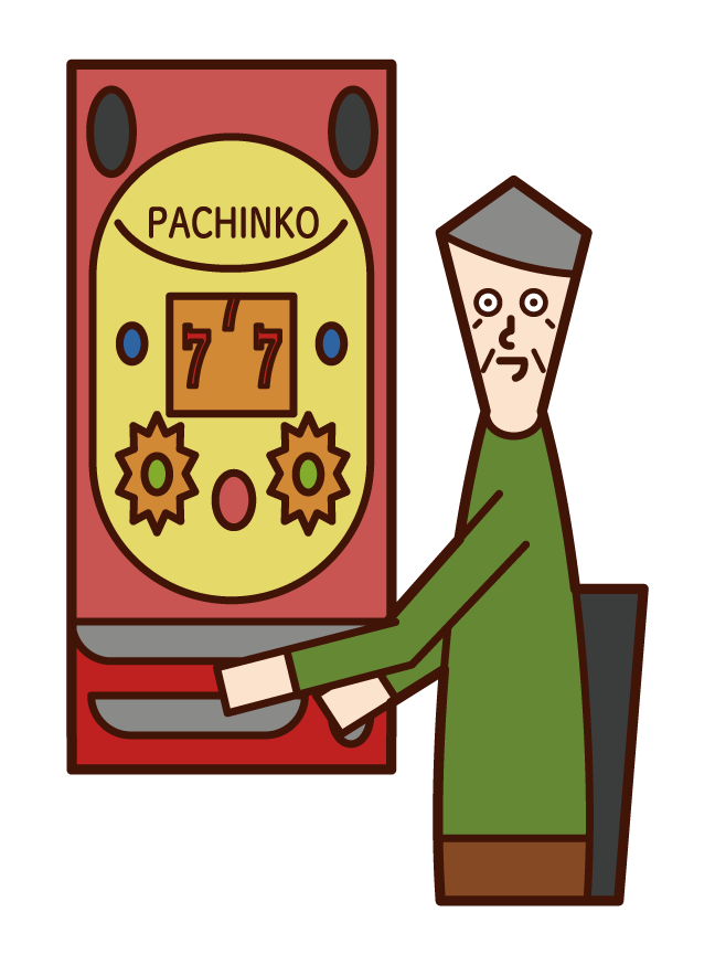 Illustration of a person (grandfather) who enjoys pachinko gambling