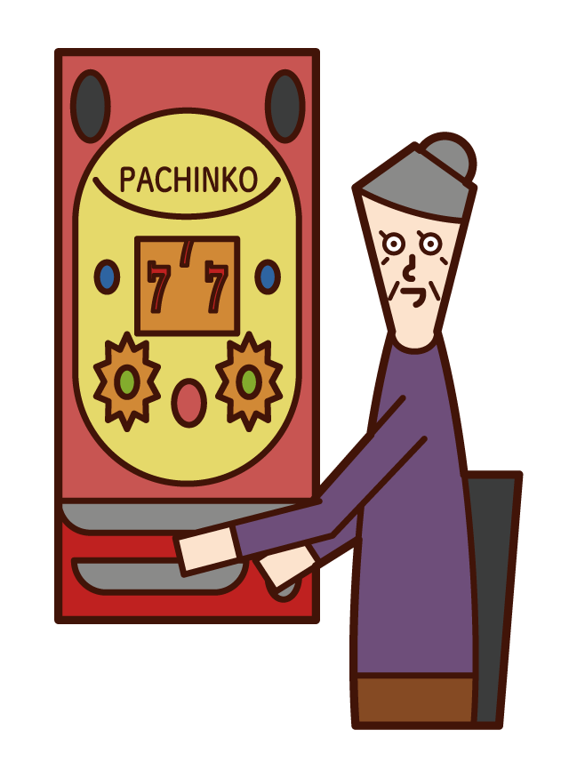 Illustration of a person (grandmother) who enjoys pachinko gambling