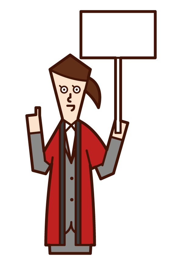 Illustration of a salesperson (woman) waving a flag wearing a coat