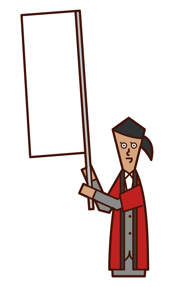Illustration of a salesperson (woman) waving a flag wearing a coat