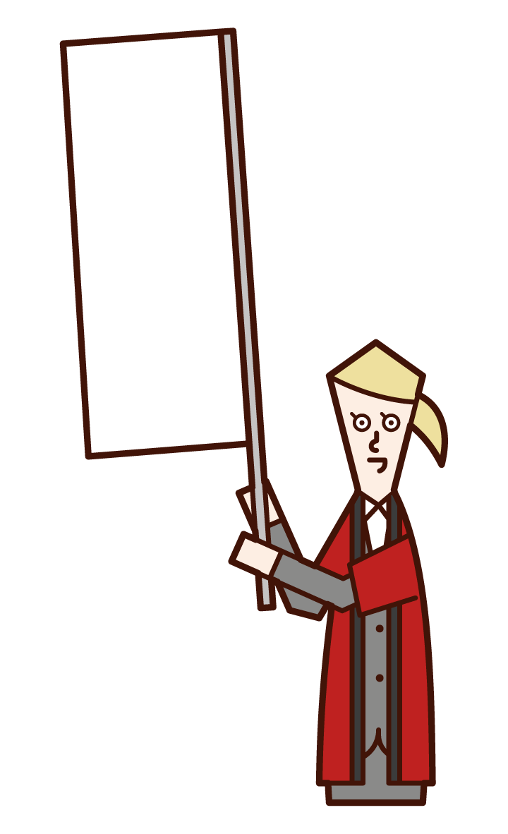 Illustration of a salesperson (woman) waving a flag wearing a coat