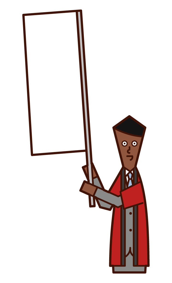 Illustration of a salesperson (male) waving a flag wearing a coat