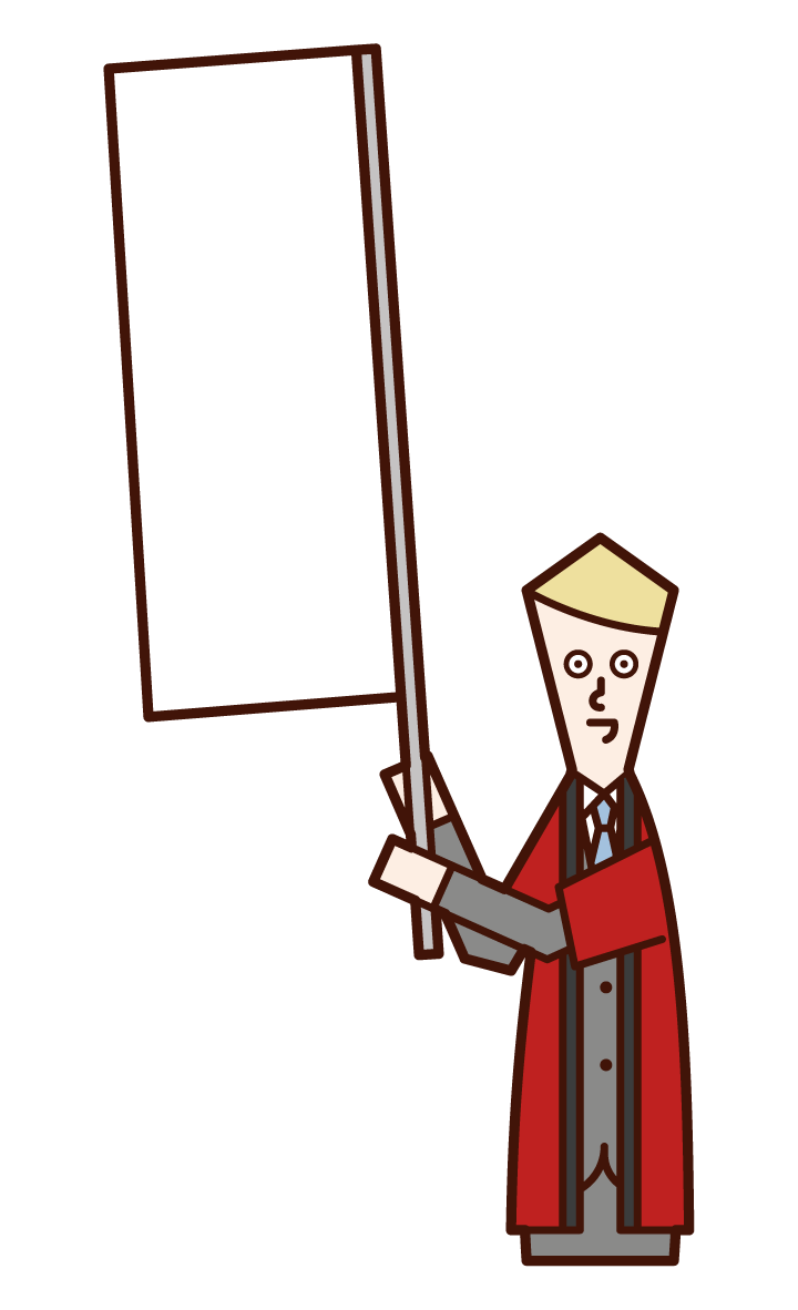 Illustration of a salesperson (male) waving a flag wearing a coat
