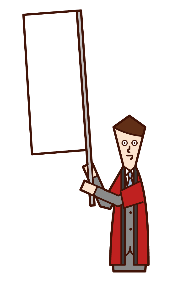 Illustration of a salesperson (male) waving a flag wearing a coat