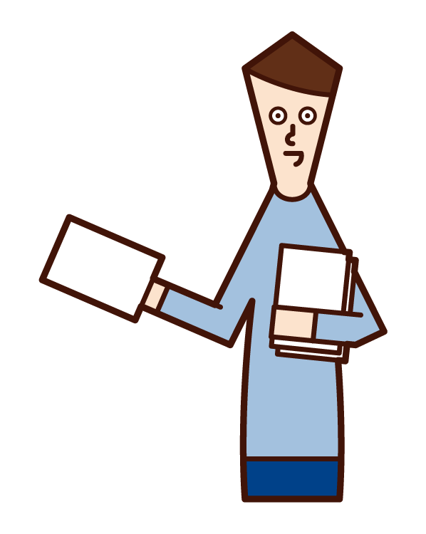 Illustration of a salesperson (male) waving a flag wearing a coat