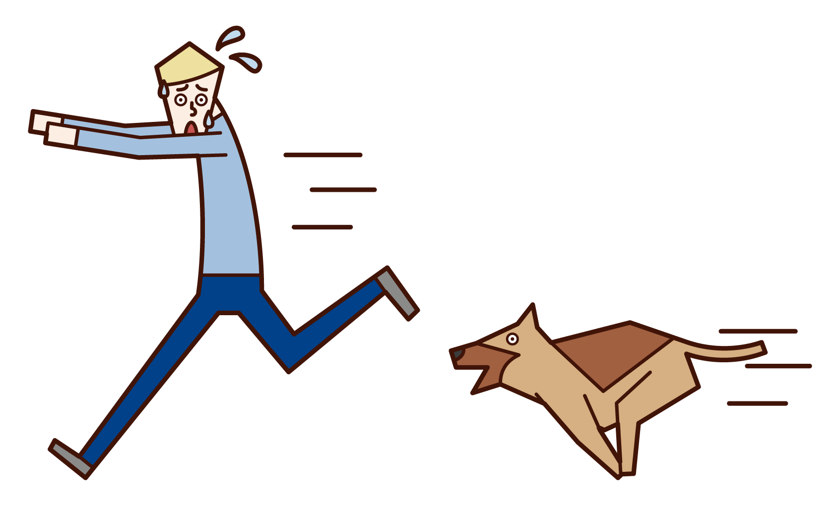 Illustration of a man (male) who runs away after being chased by a dog