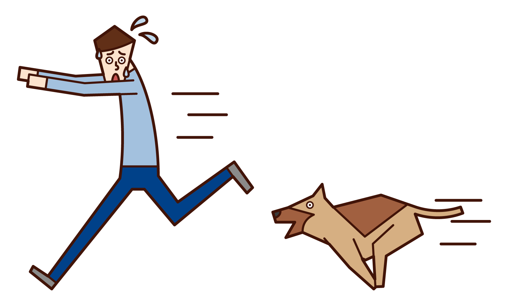 Illustration of a man (male) who runs away after being chased by a dog