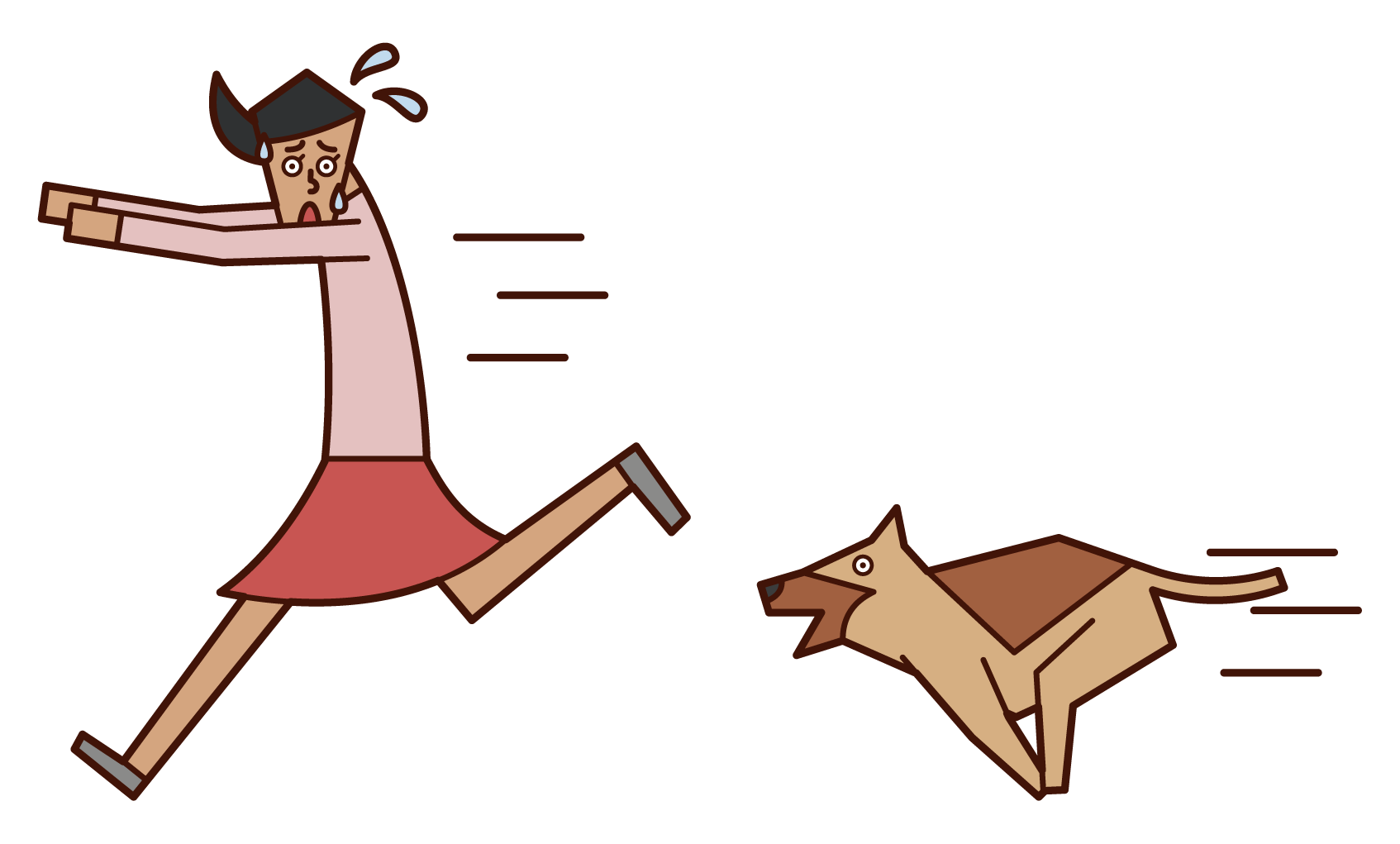 Illustration of a woman who runs away after being chased by a dog