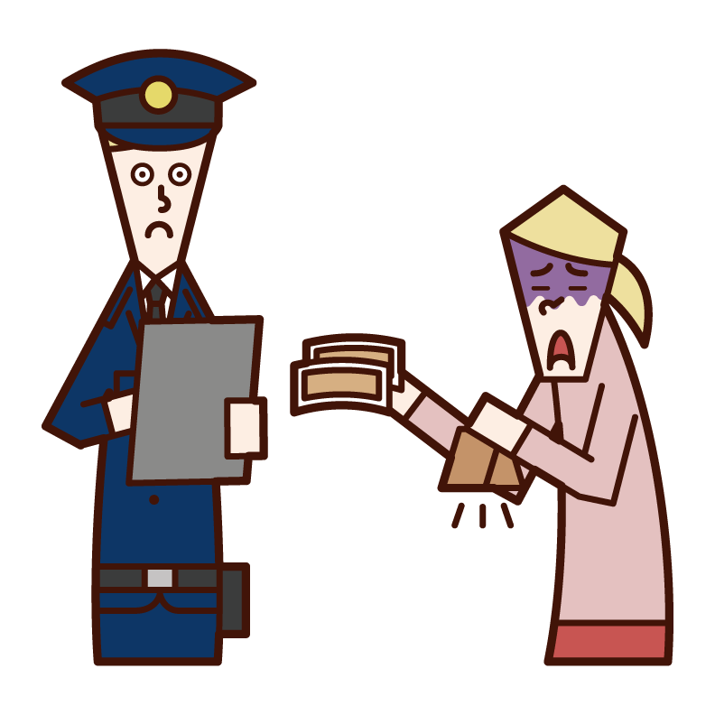 警察官に罰金を支払う人（女性）のイラスト