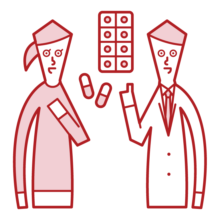 Illustration of a doctor or pharmacist (male) prescribing medicine