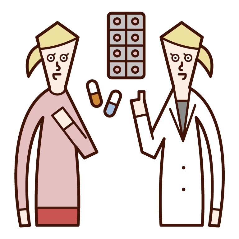 Illustration of a doctor or pharmacist (female) prescribing medicine