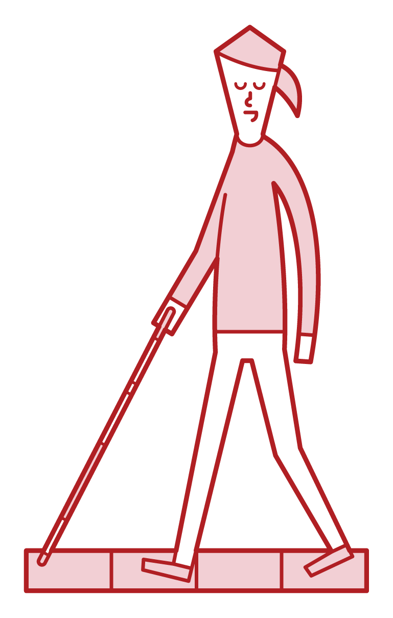 시각 장애인 (여성)이 흰색 지팡이로 걷는 그림