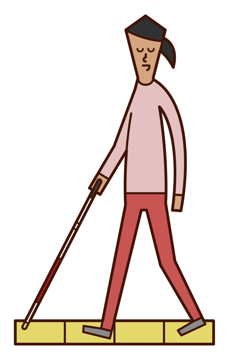 盲人（女性）用白手杖行走的插圖