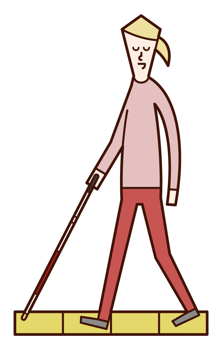 시각 장애인 (여성)이 흰색 지팡이로 걷는 그림