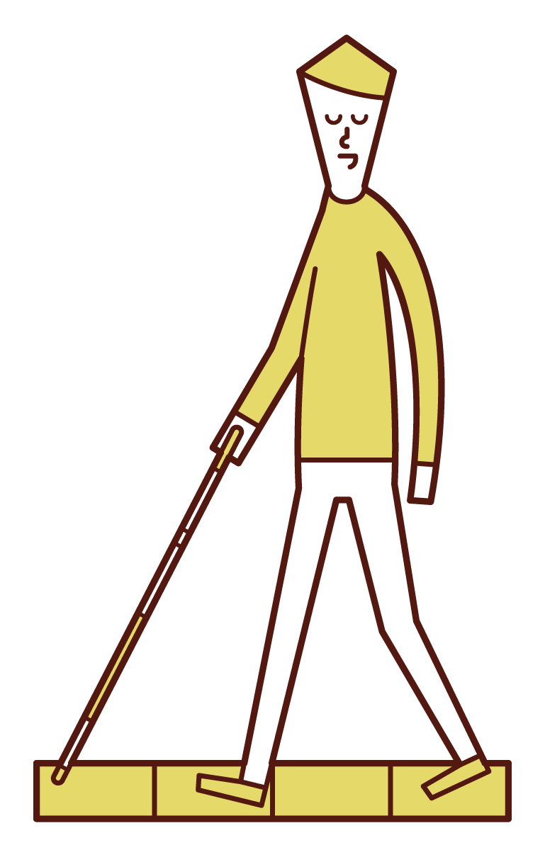 盲人（男性）用白手杖行走的插圖