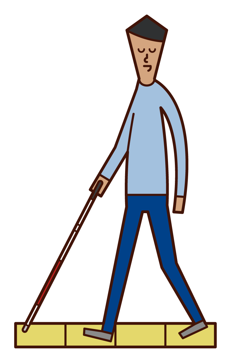 Illustration of a visually impaired person (male) walking with a white cane