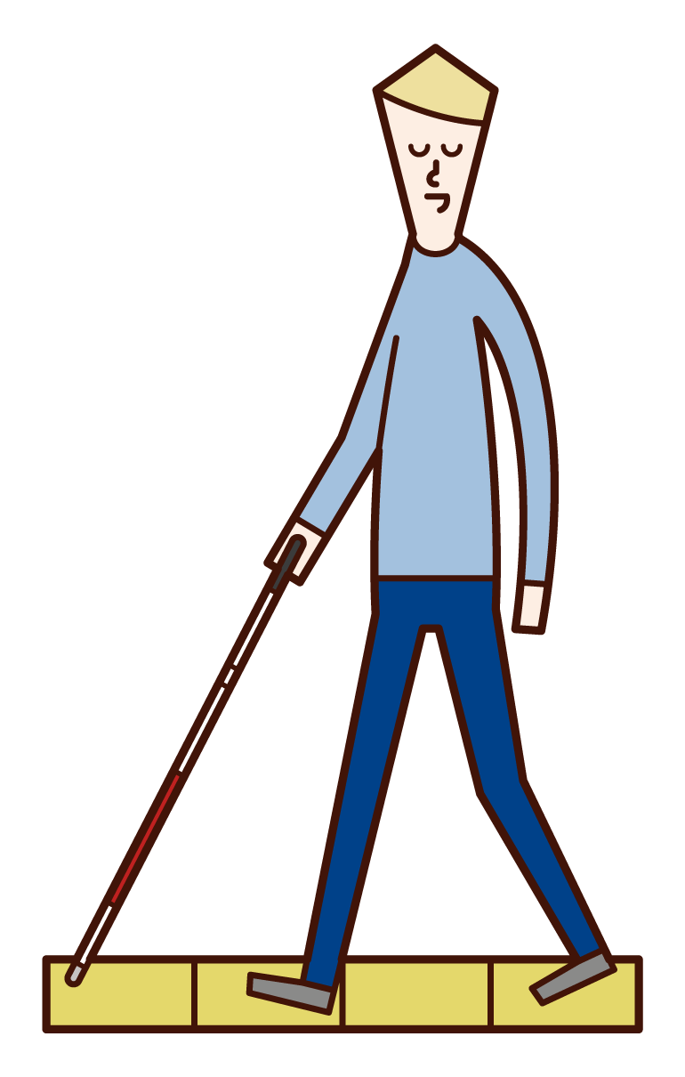 Illustration of a visually impaired person (male) walking with a white cane
