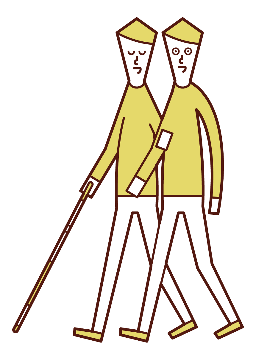 視覚障がい者と寄り添って歩く人（男性）のイラスト