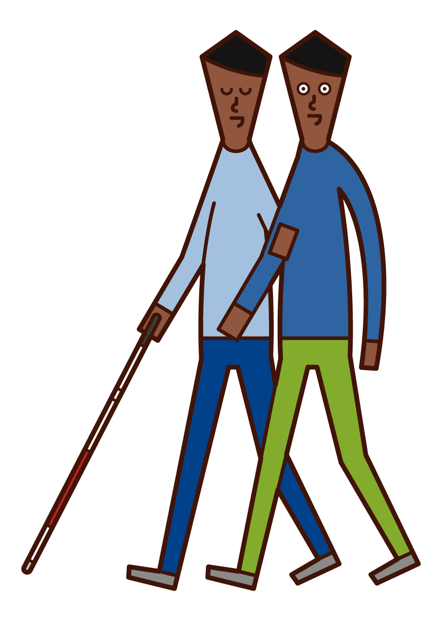 Illustration of a man walking closely with a visually impaired person
