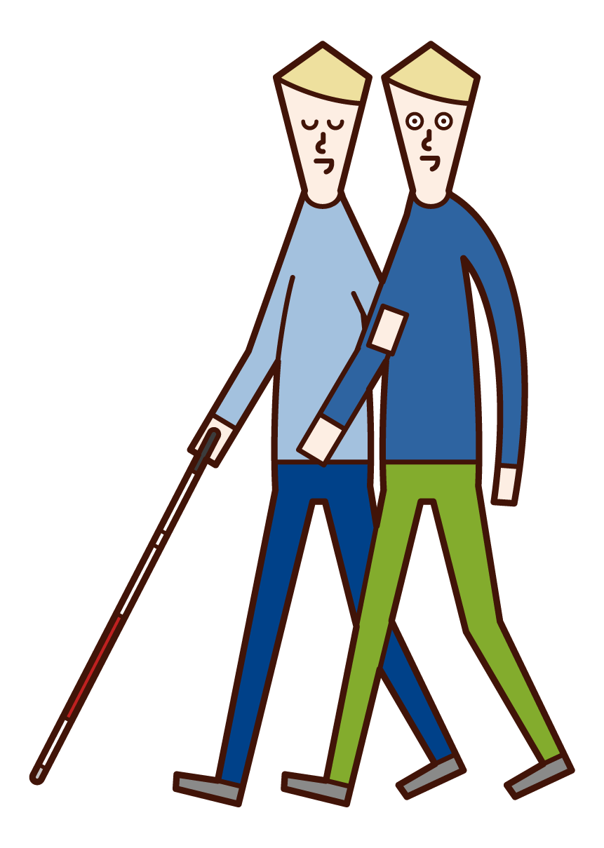 視覚障がい者と寄り添って歩く人（男性）のイラスト