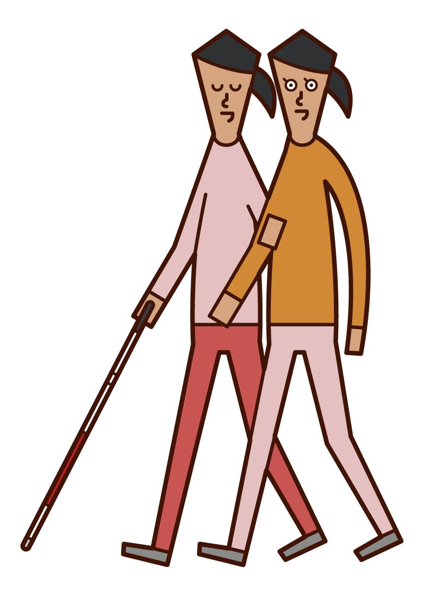 Illustration of a woman walking closely with a visually impaired person