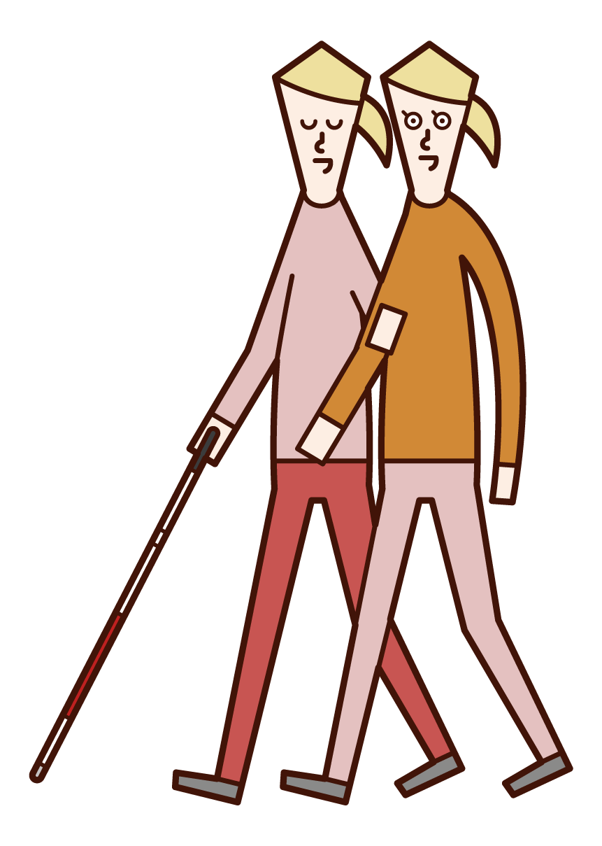視覚障がい者と寄り添って歩く人（女性）のイラスト