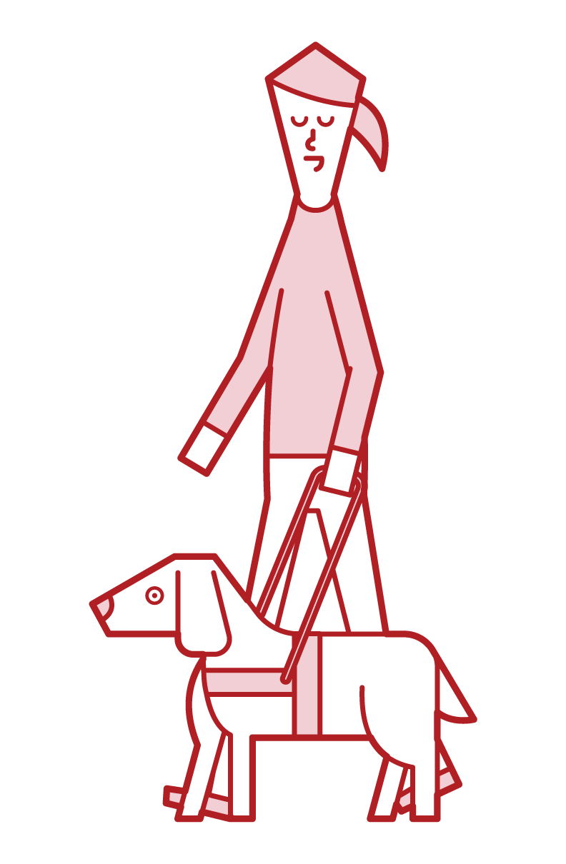 Illustration of a woman with visual impairment walking with a guide dog