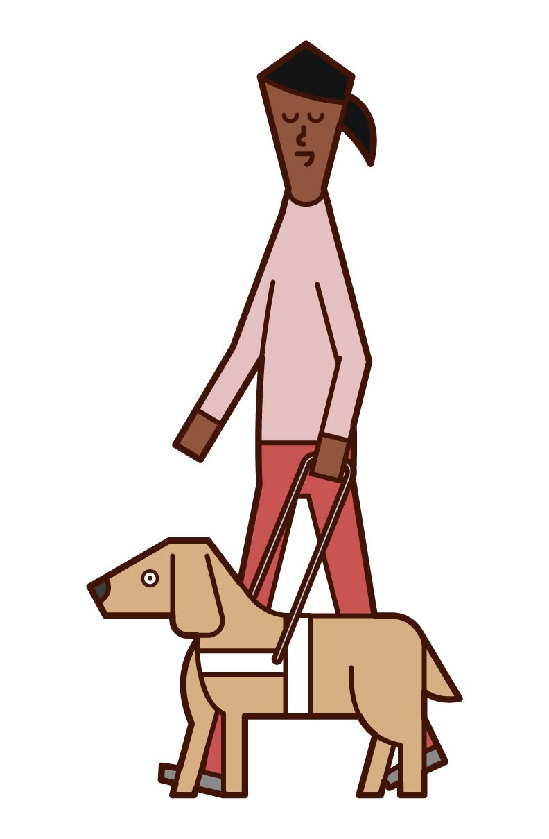 盲導犬と歩く視覚障がい者（女性）のイラスト
