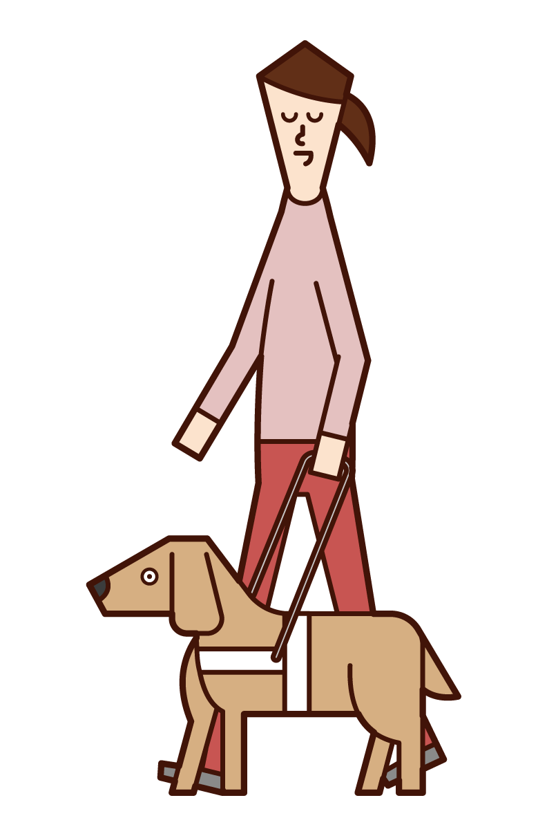盲導犬と歩く視覚障がい者（女性）のイラスト