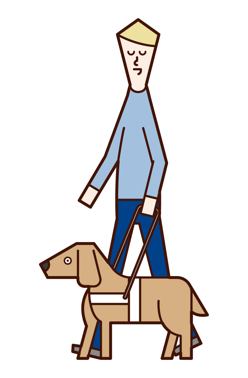 Illustration of a man with a visual impairment walking with a guide dog