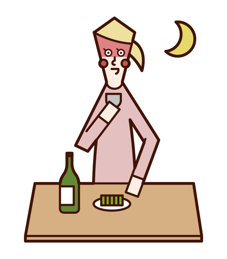 晚上喝酒的人（女性）的插圖
