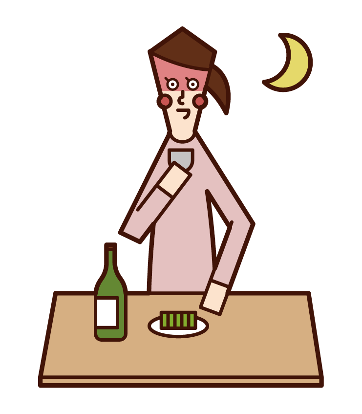 Illustration of a woman drinking late