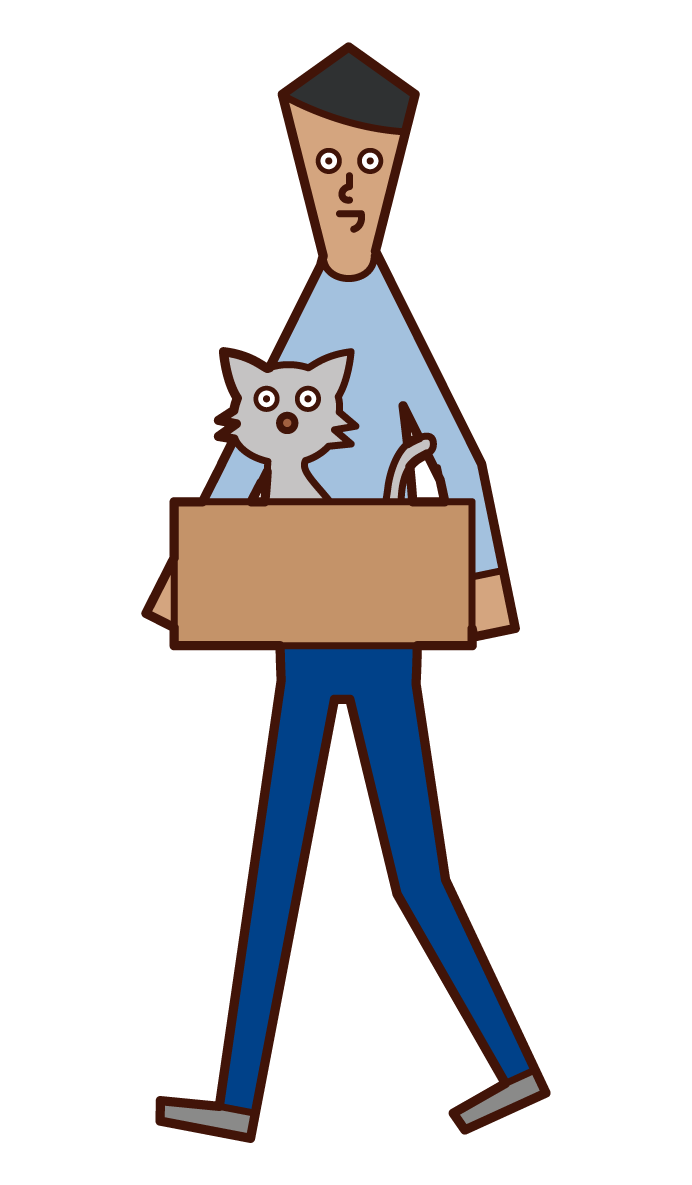 Illustration of a man (male) taking a discarded cat home