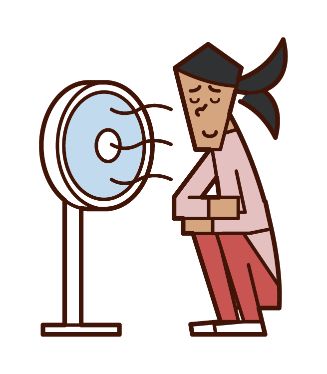Illustration of a woman cooling down in the wind of a fan