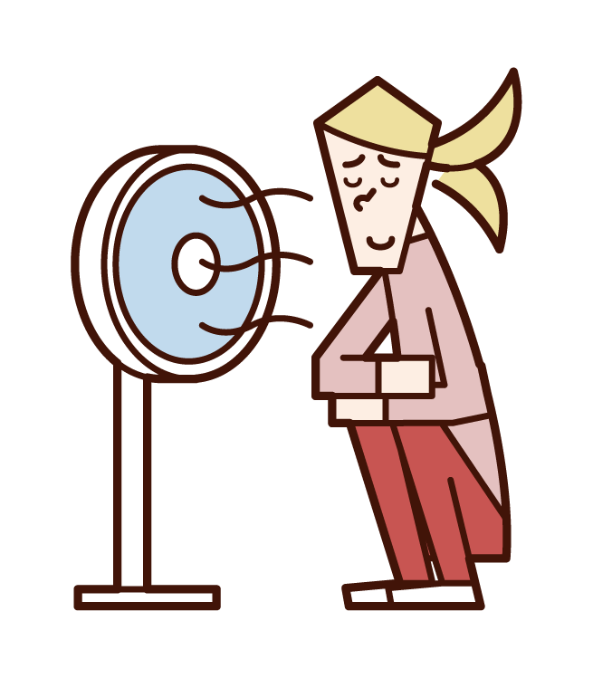 Illustration of a woman cooling down in the wind of a fan