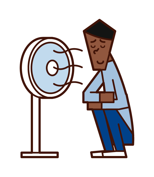 Illustration of a man cooling down in the wind of a fan