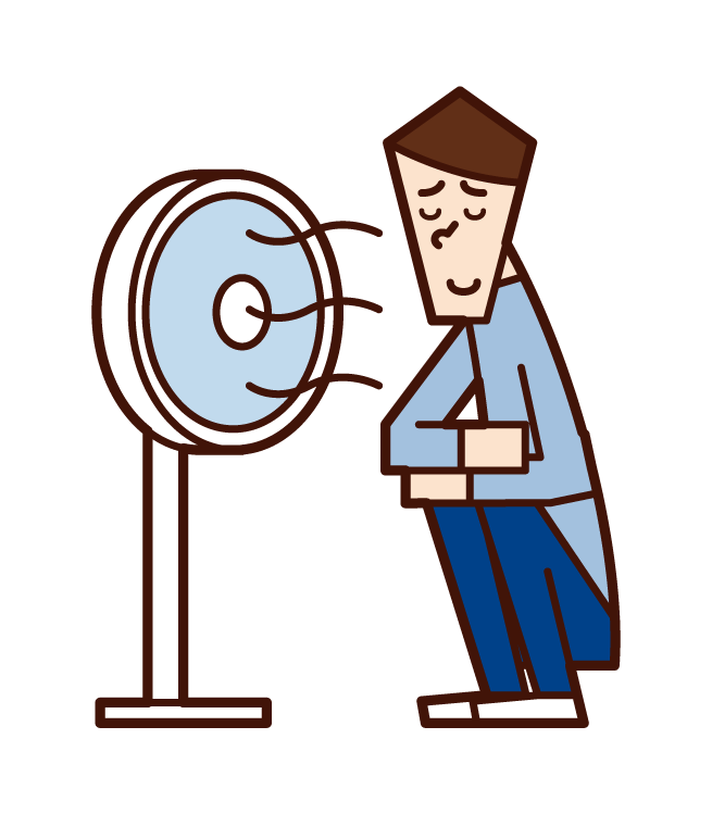 Illustration of a man cooling down in the wind of a fan