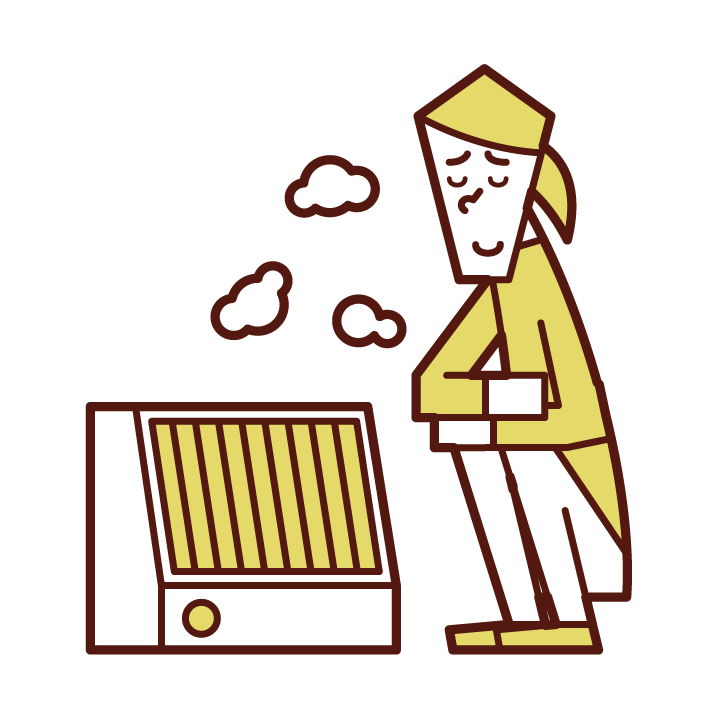 Illustration of a woman warming up with an electric heater