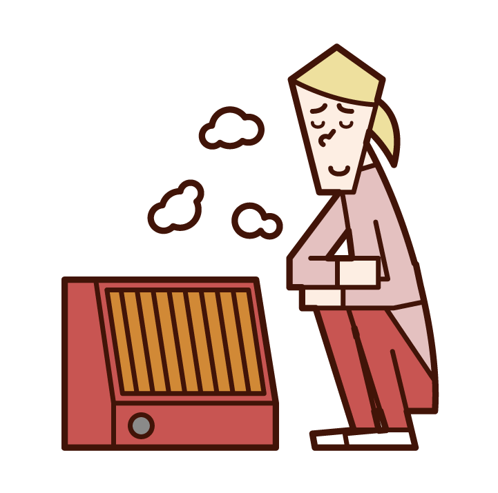 Illustration of a woman warming up with an electric heater