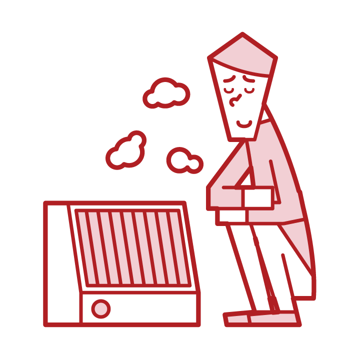 Illustration of a man warming up with an electric heater