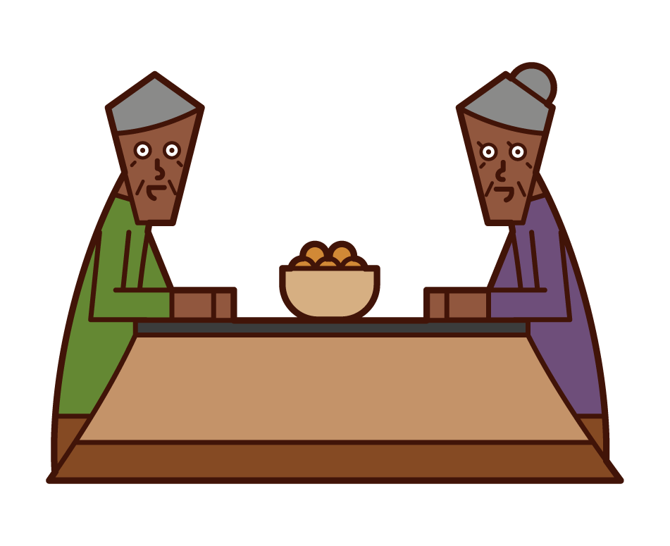 Illustrations of elderly people warming up with kotata