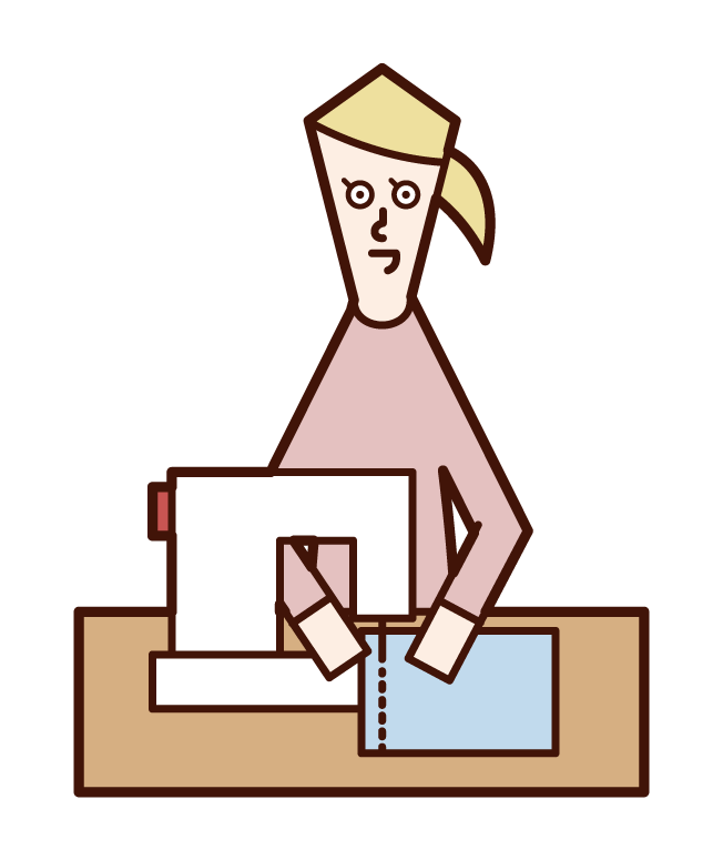 Illustration of a person (female) using a sewing machine
