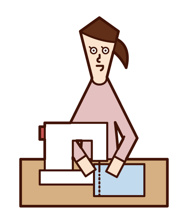 Illustration of a person (female) using a sewing machine