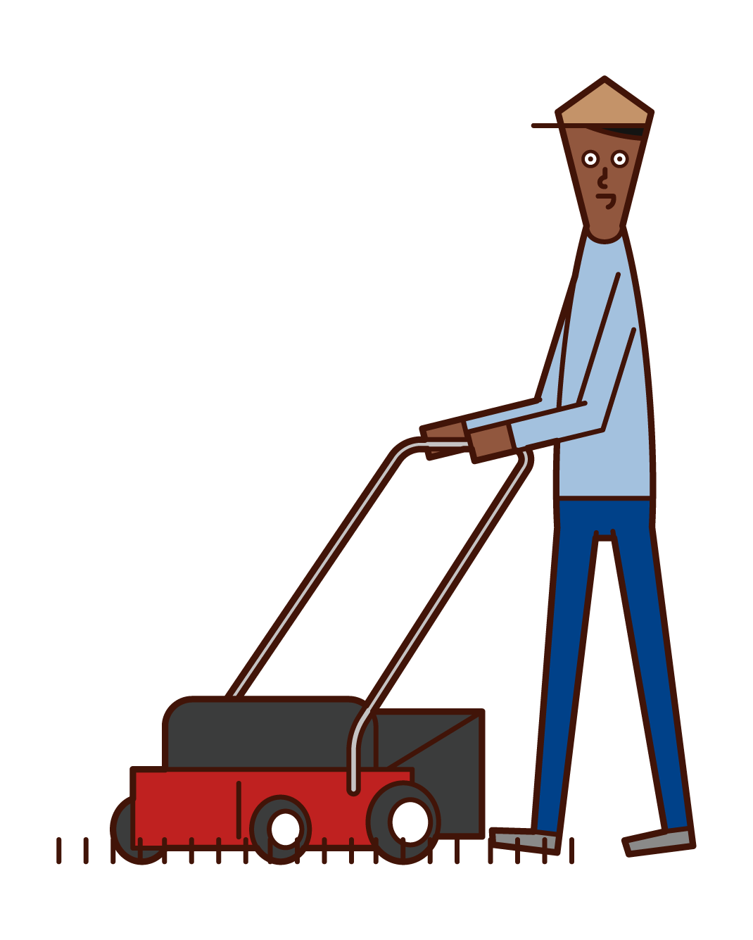 芝刈り機を使う人（男性）のイラスト