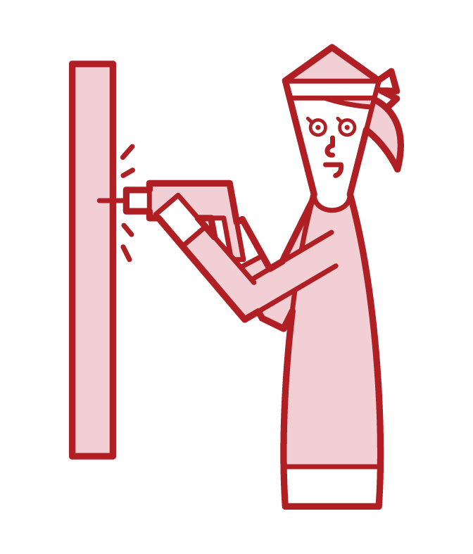 Illustration of a woman drilling a hole in a wall with a drill